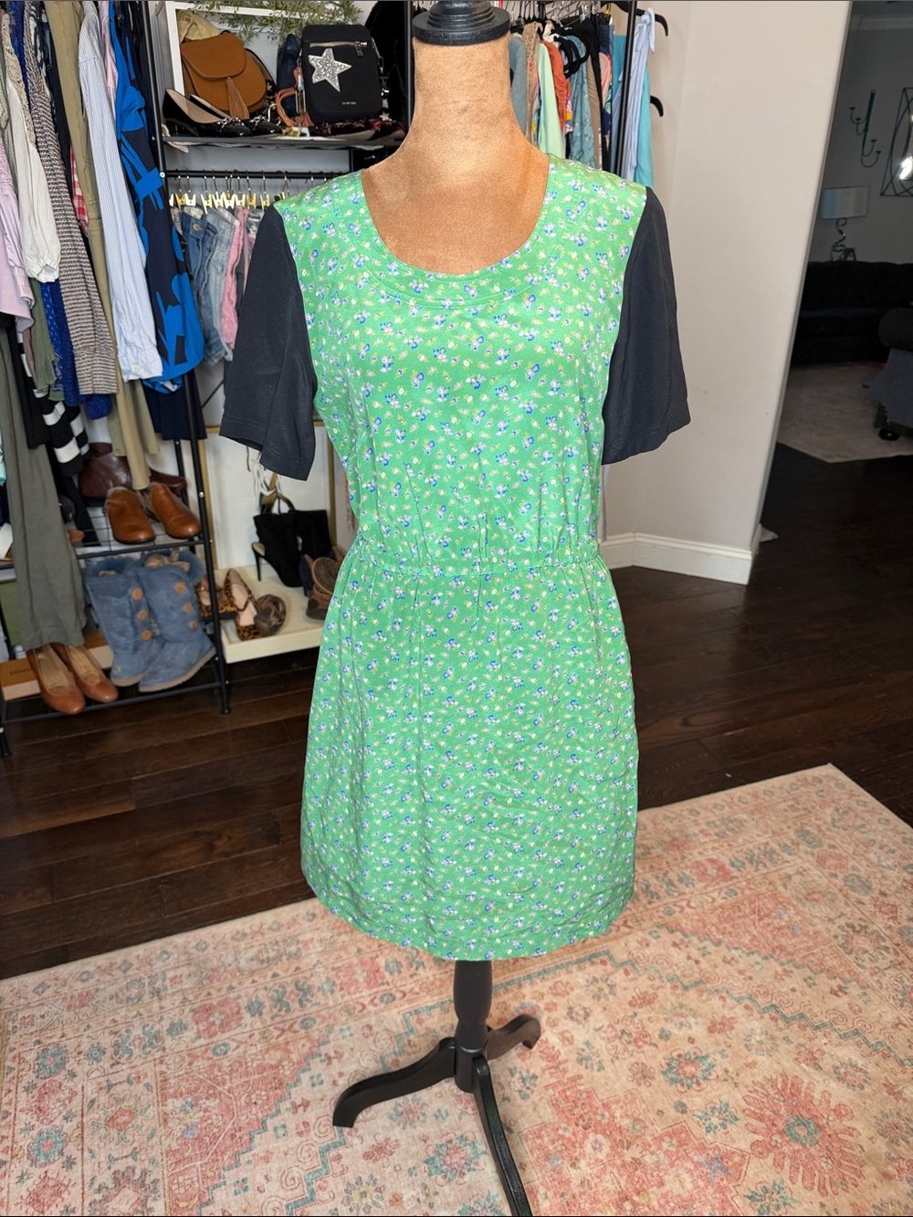 Anthropologie Green Floral Dress with Navy Blue Sleeves